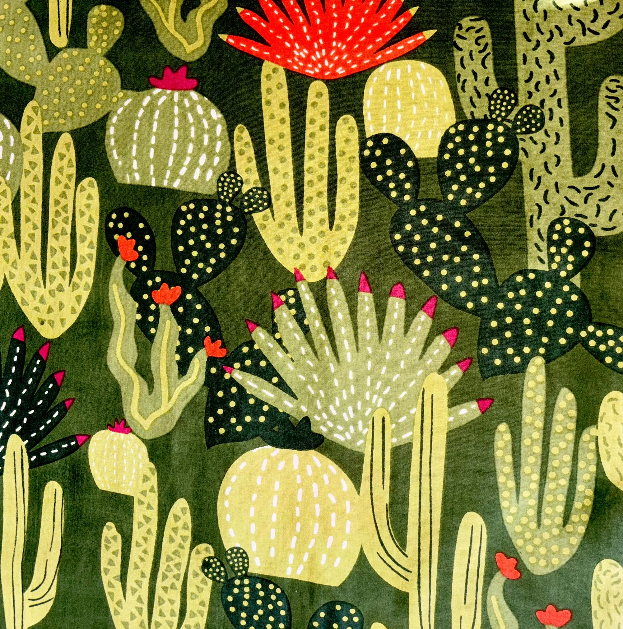Green Pure Cotton Cambric Printed Fabrics, Colorful Cactus Print, Floral