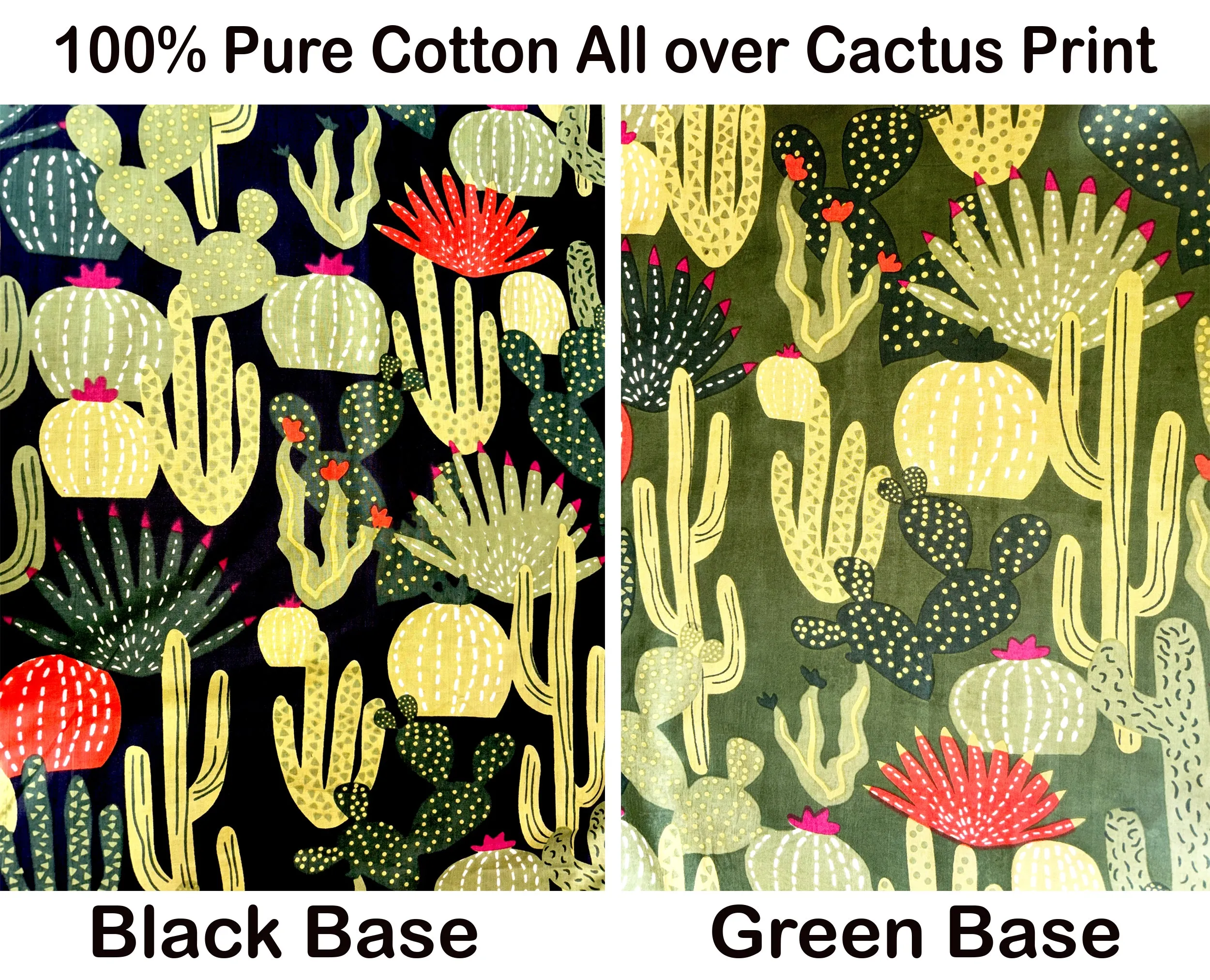 Green Pure Cotton Cambric Printed Fabrics, Colorful Cactus Print, Floral