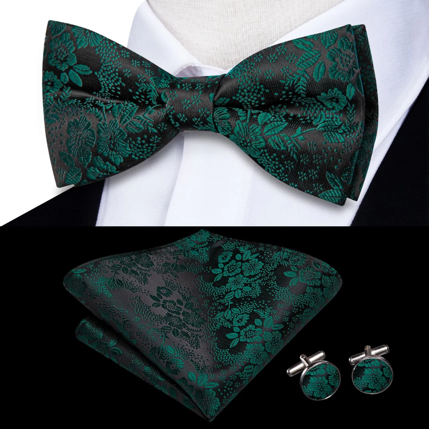 Hi-Tie Black Pre-Tied Bow Tie Emerald Green Jacquard Floral Tie Set