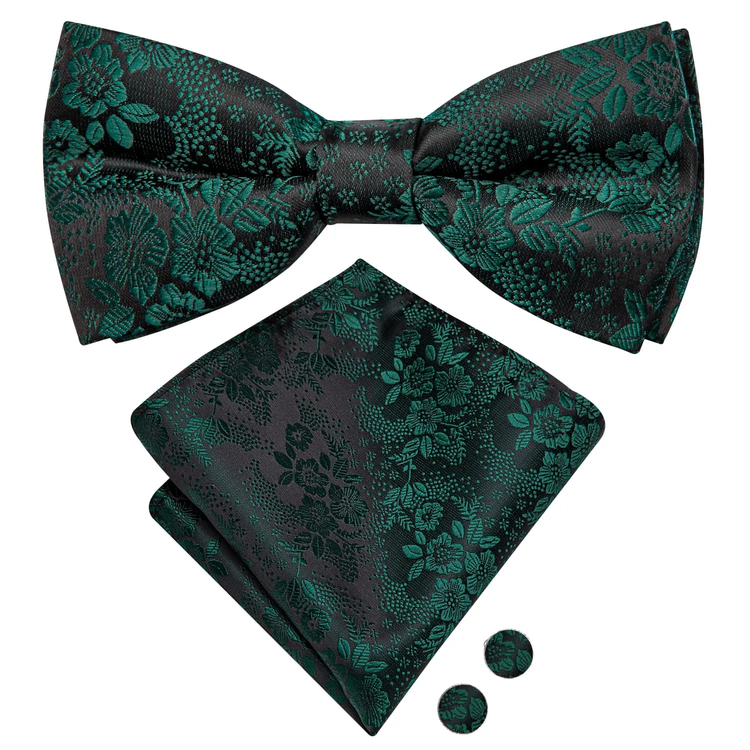 Hi-Tie Black Pre-Tied Bow Tie Emerald Green Jacquard Floral Tie Set