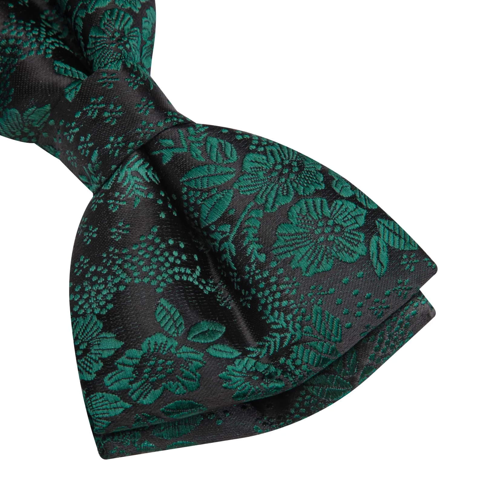 Hi-Tie Black Pre-Tied Bow Tie Emerald Green Jacquard Floral Tie Set