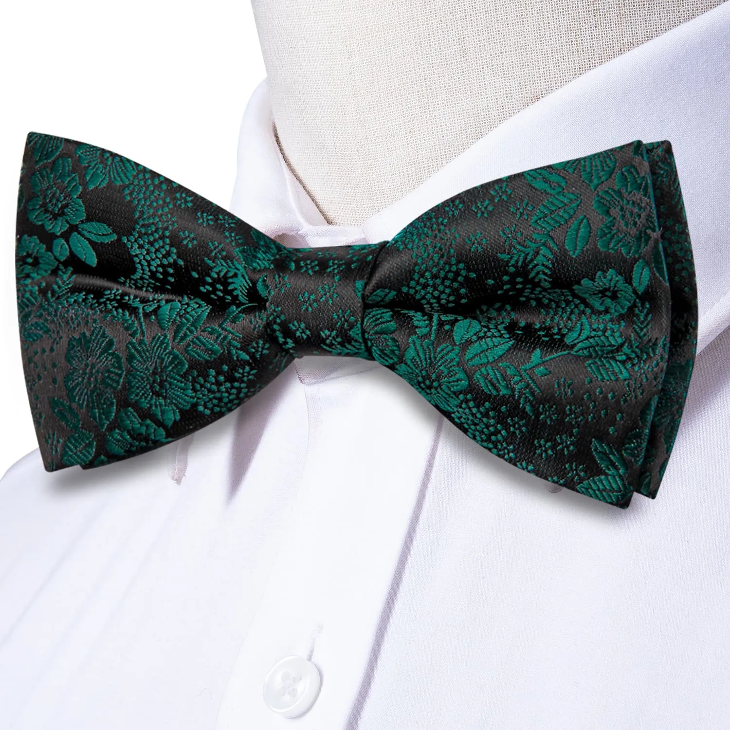 Hi-Tie Black Pre-Tied Bow Tie Emerald Green Jacquard Floral Tie Set