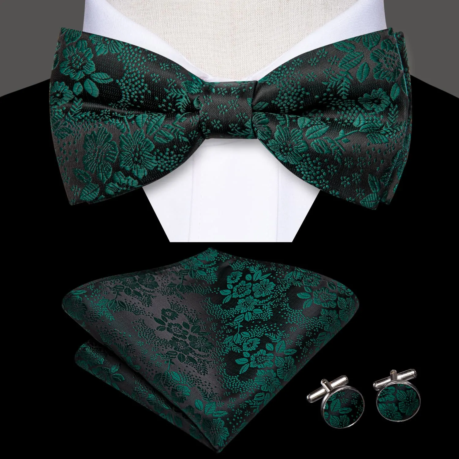 Hi-Tie Black Pre-Tied Bow Tie Emerald Green Jacquard Floral Tie Set