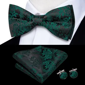 Hi-Tie Black Pre-Tied Bow Tie Emerald Green Jacquard Floral Tie Set