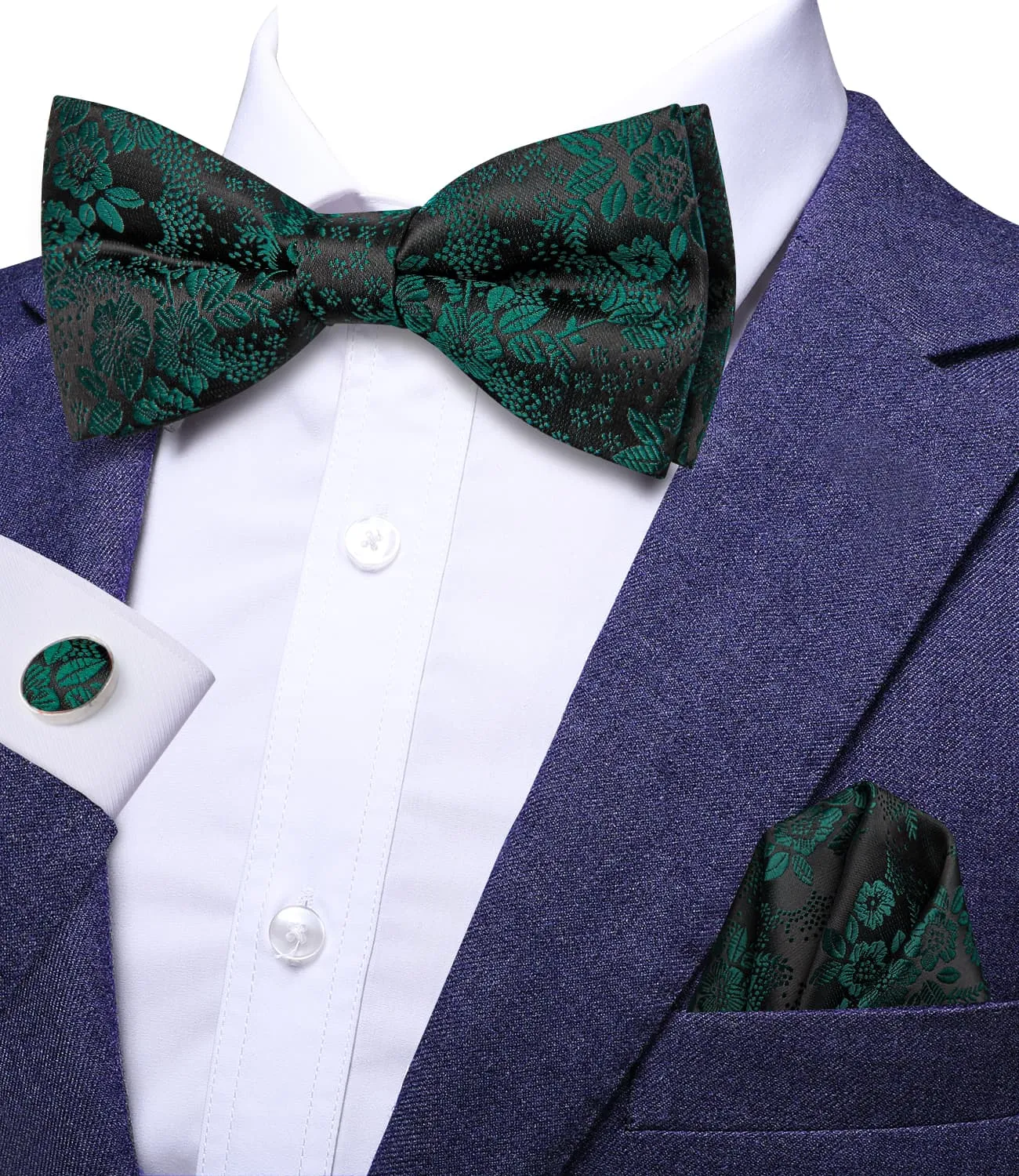 Hi-Tie Black Pre-Tied Bow Tie Emerald Green Jacquard Floral Tie Set