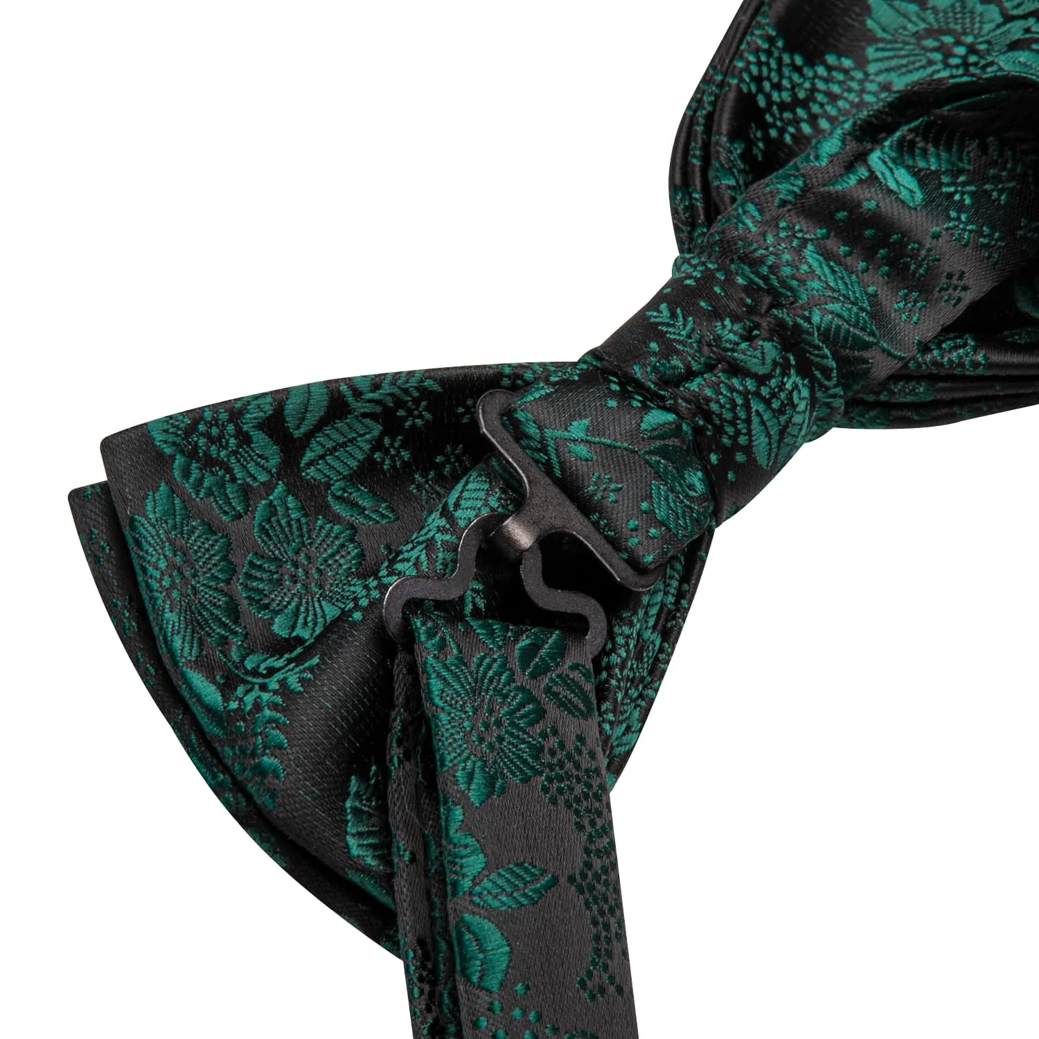 Hi-Tie Black Pre-Tied Bow Tie Emerald Green Jacquard Floral Tie Set