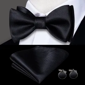 Hi-Tie Black Striped Silk Self-tied Bow Tie Pocket Square Cufflink Set
