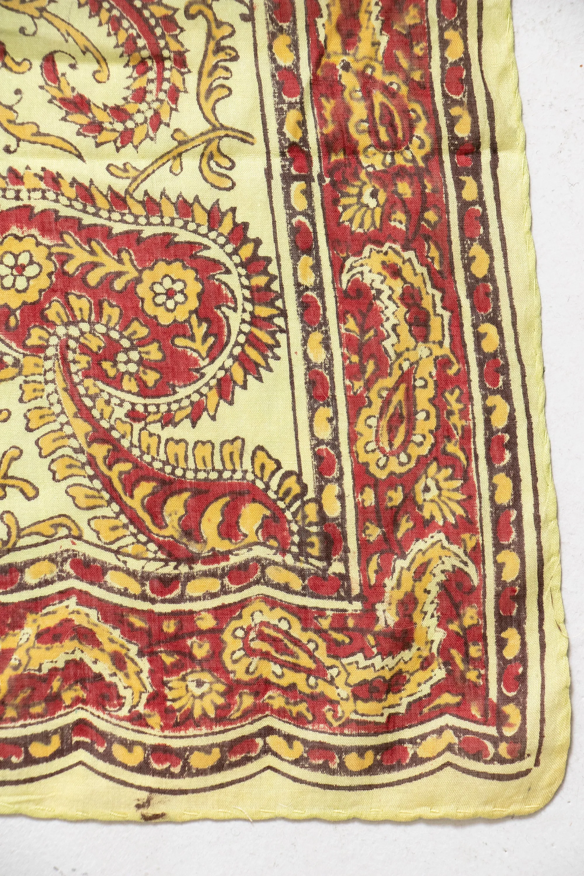 India Cotton Scarf Long Rectangular Printed Chartreuse Wrap 1970s