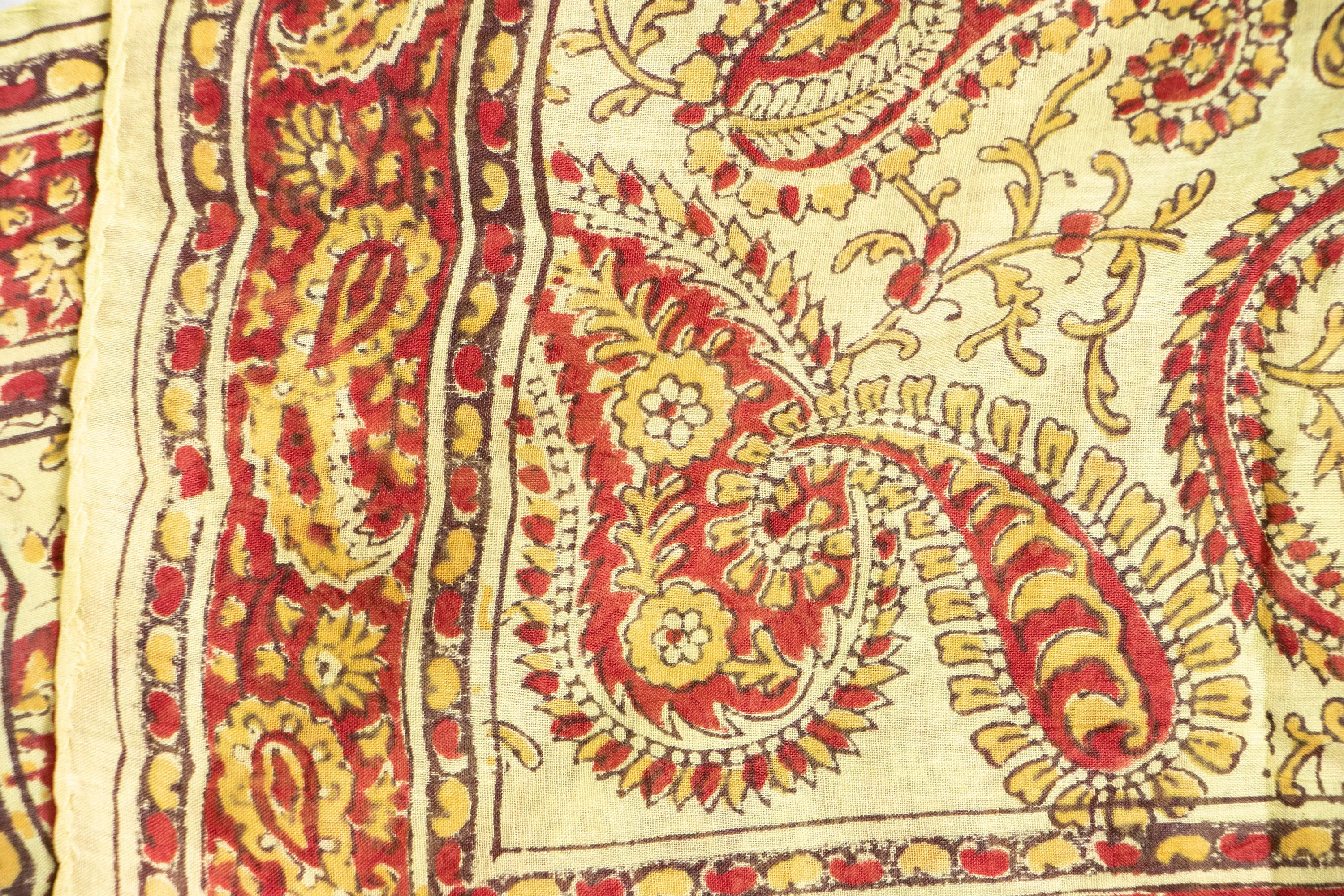India Cotton Scarf Long Rectangular Printed Chartreuse Wrap 1970s