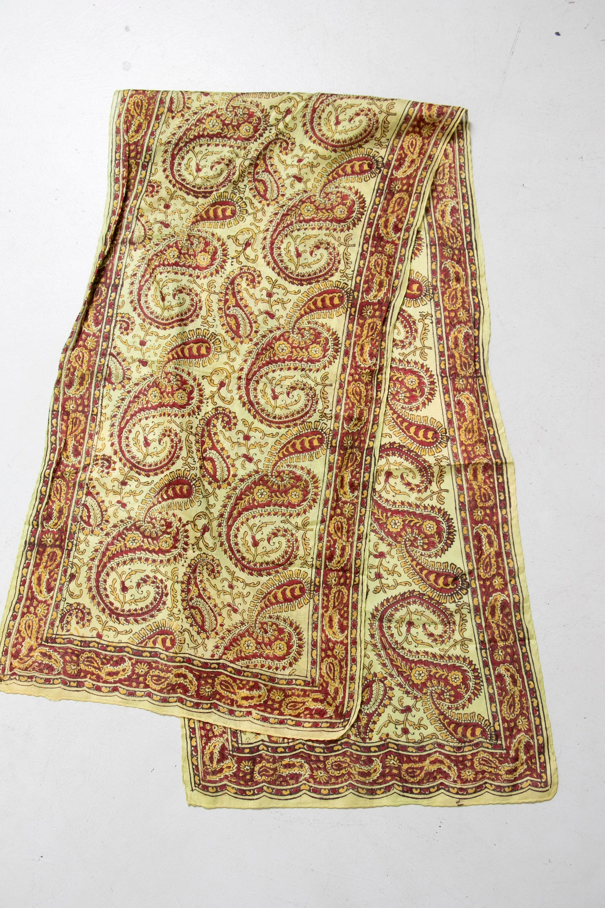 India Cotton Scarf Long Rectangular Printed Chartreuse Wrap 1970s