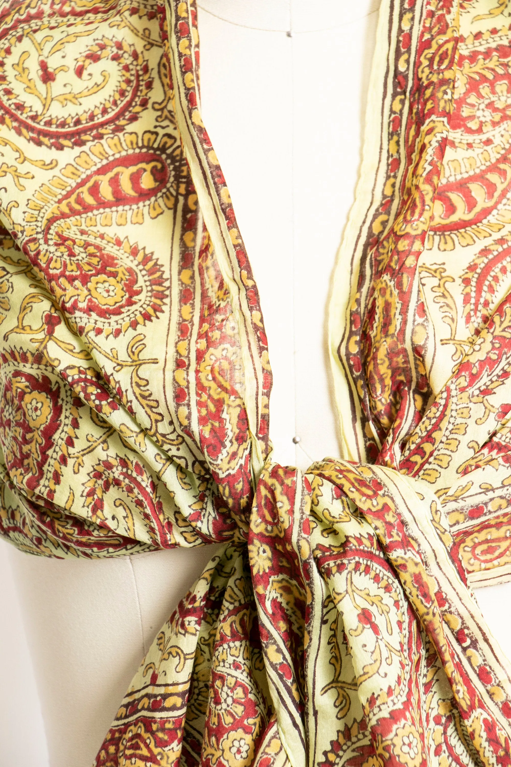 India Cotton Scarf Long Rectangular Printed Chartreuse Wrap 1970s