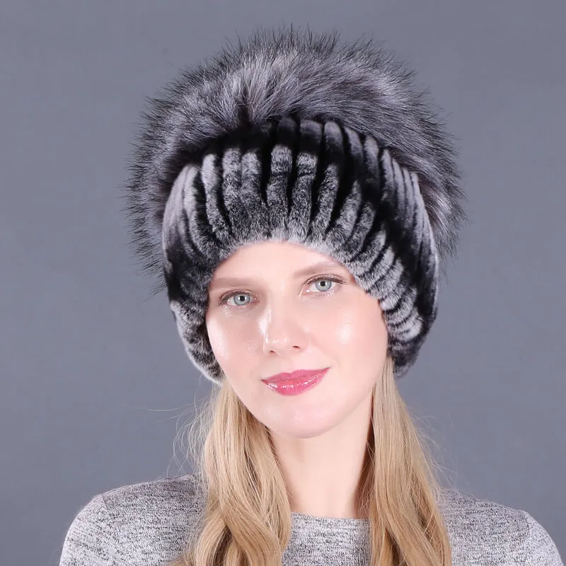 Ladies Winter Rex Rabbit Fur Warm Hat Ear Guards Thickened Handmade