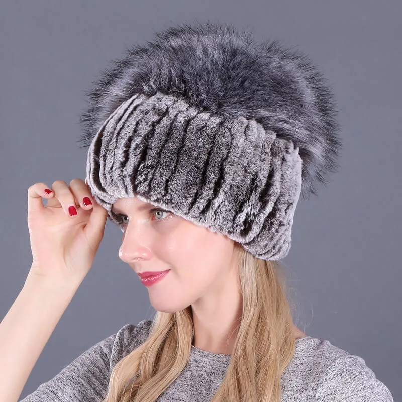Ladies Winter Rex Rabbit Fur Warm Hat Ear Guards Thickened Handmade