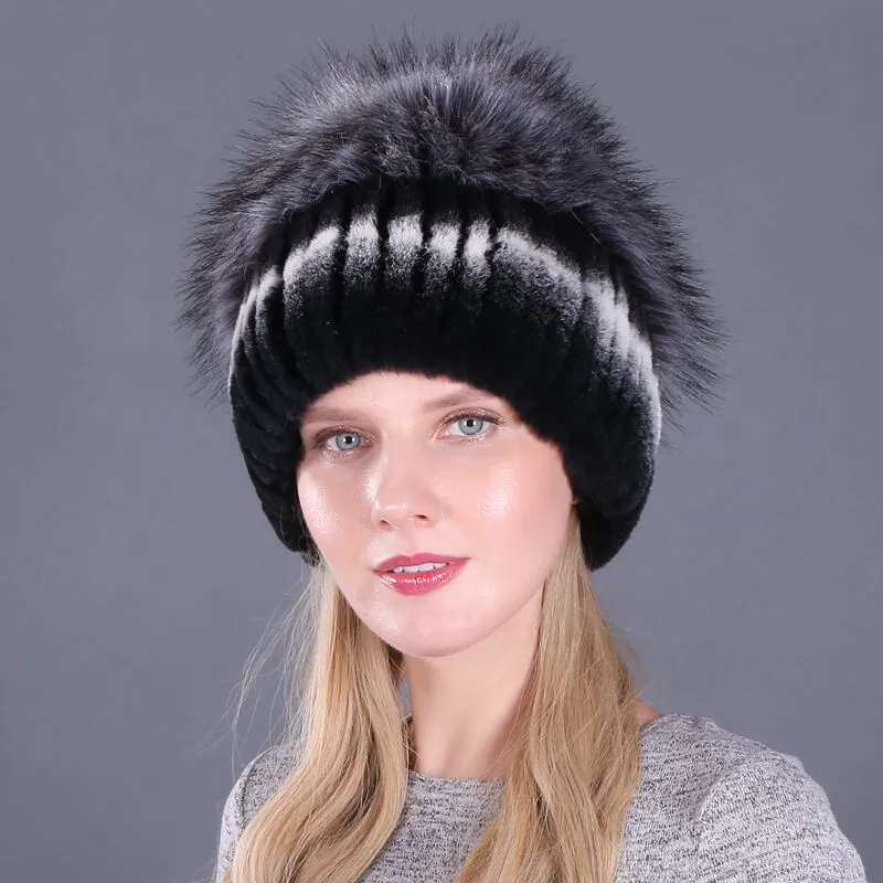 Ladies Winter Rex Rabbit Fur Warm Hat Ear Guards Thickened Handmade
