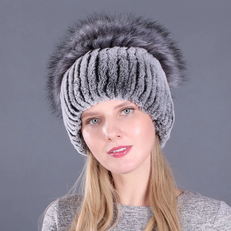 Ladies Winter Rex Rabbit Fur Warm Hat Ear Guards Thickened Handmade