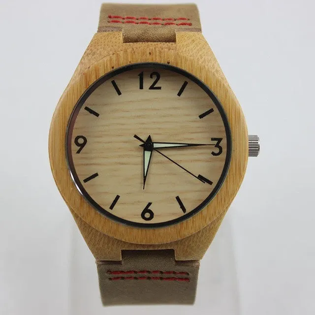 Mens Bamboo Wood Watch Fashion And Casual Gifts With Genuine Leather Strap