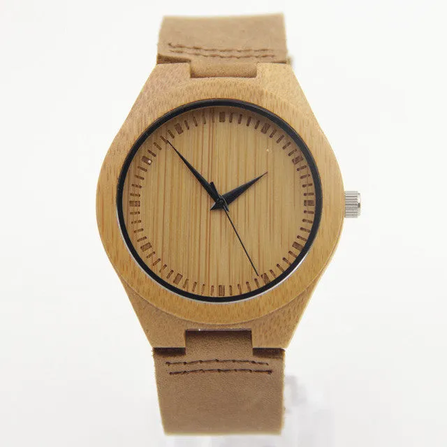 Mens Bamboo Wood Watch Fashion And Casual Gifts With Genuine Leather Strap