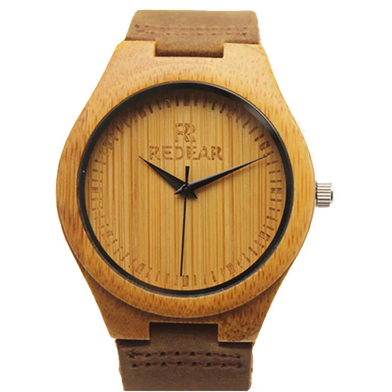 Mens Bamboo Wood Watch Fashion And Casual Gifts With Genuine Leather Strap