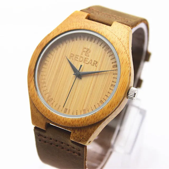 Mens Bamboo Wood Watch Fashion And Casual Gifts With Genuine Leather Strap