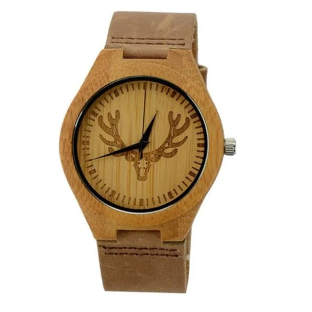 Mens Bamboo Wood Watch Fashion And Casual Gifts With Genuine Leather Strap