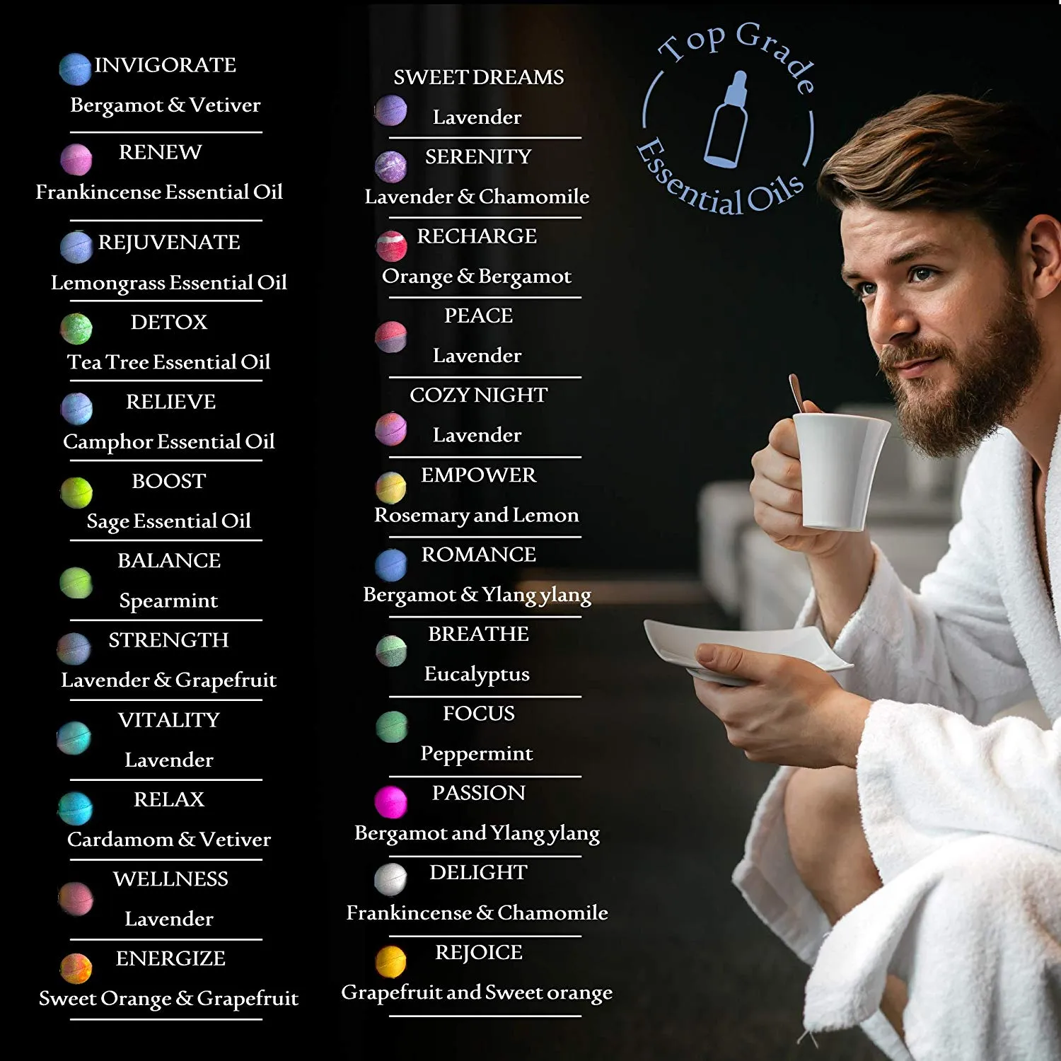 Men's Bath Bombs Gift Set. 24 Assorted Pack Therapeutic Shea Bath Bombs. Large Spa Fizzers with Moisturizing Essential Oils