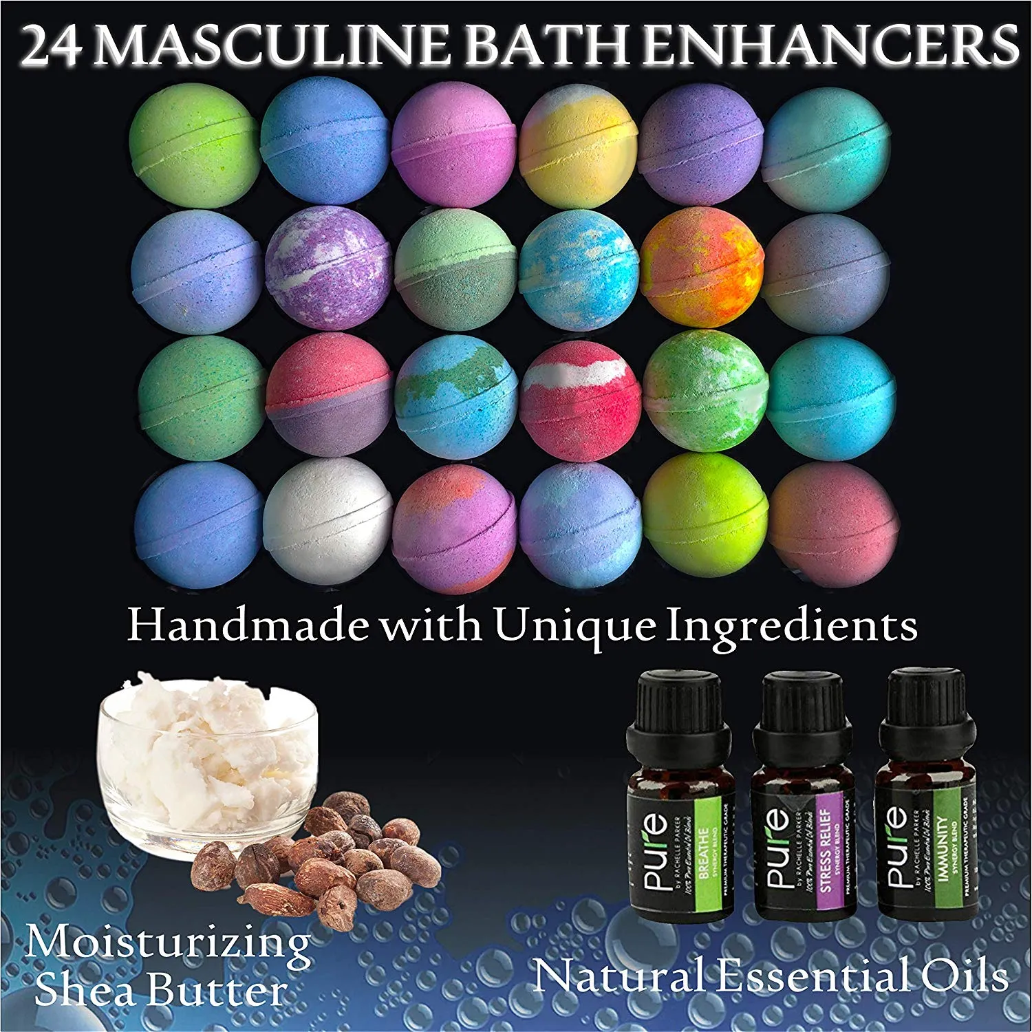 Men's Bath Bombs Gift Set. 24 Assorted Pack Therapeutic Shea Bath Bombs. Large Spa Fizzers with Moisturizing Essential Oils