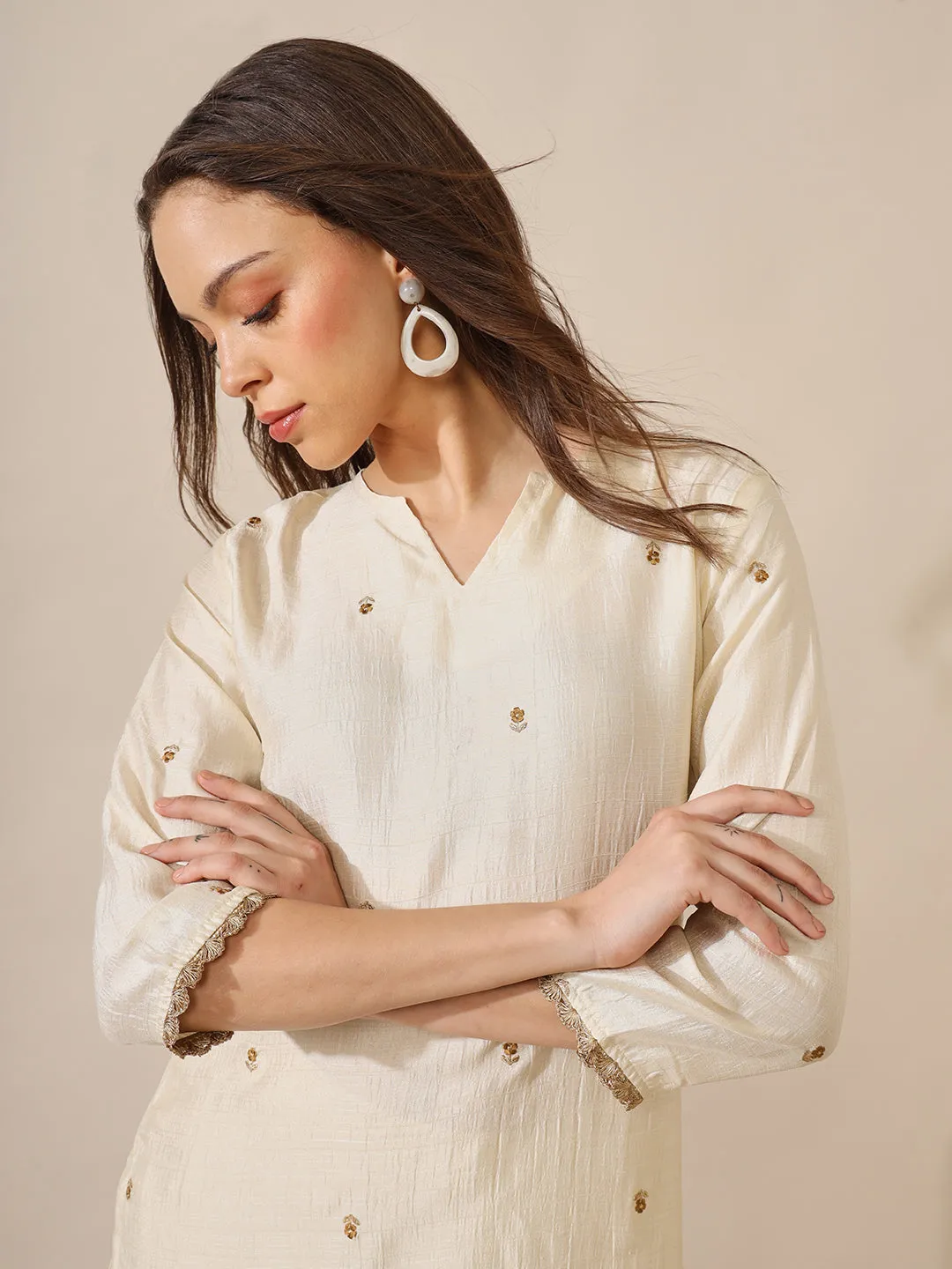 Raati Ecru Embroidered Straight Kurta and Pant Set