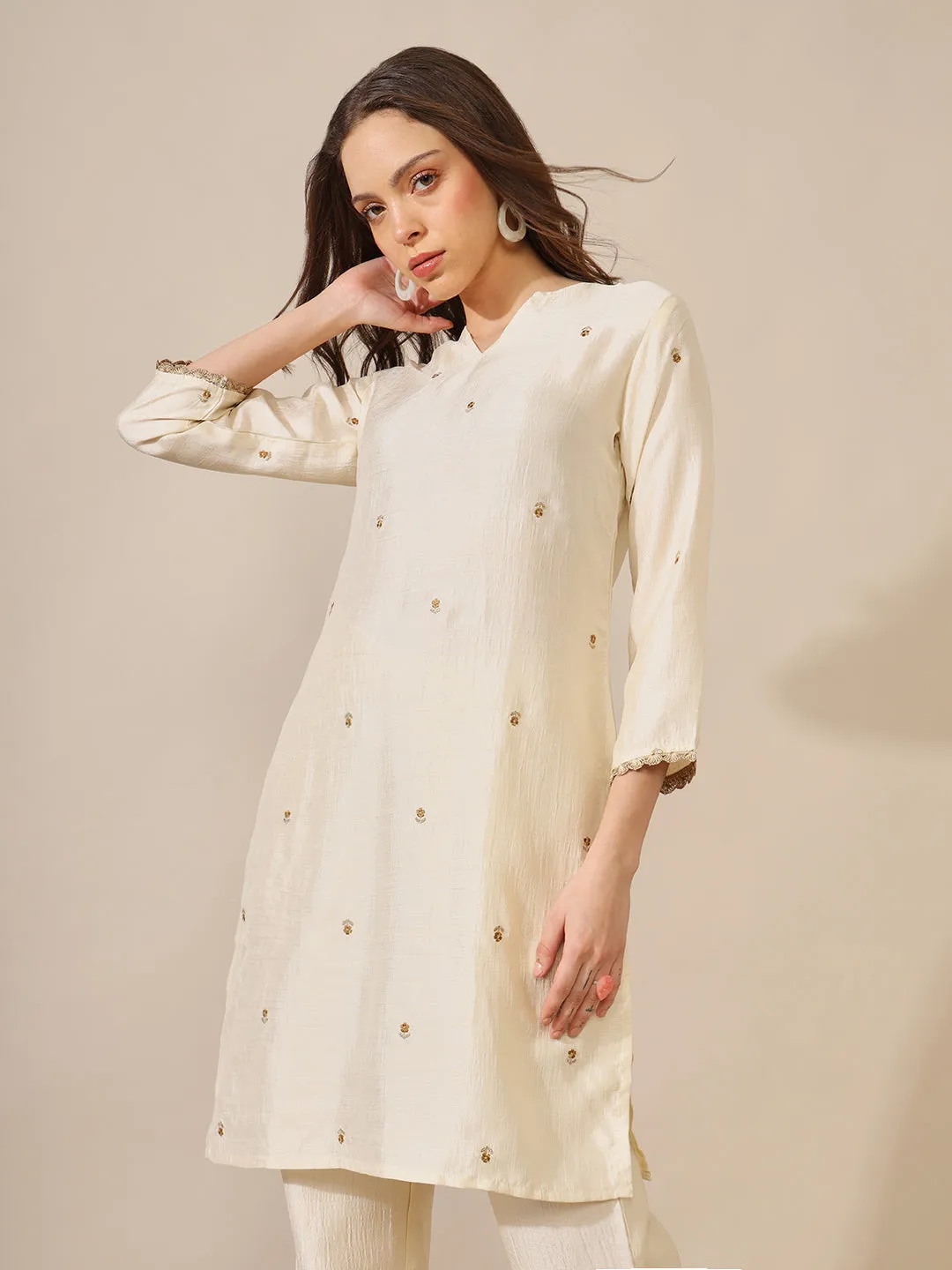 Raati Ecru Embroidered Straight Kurta and Pant Set