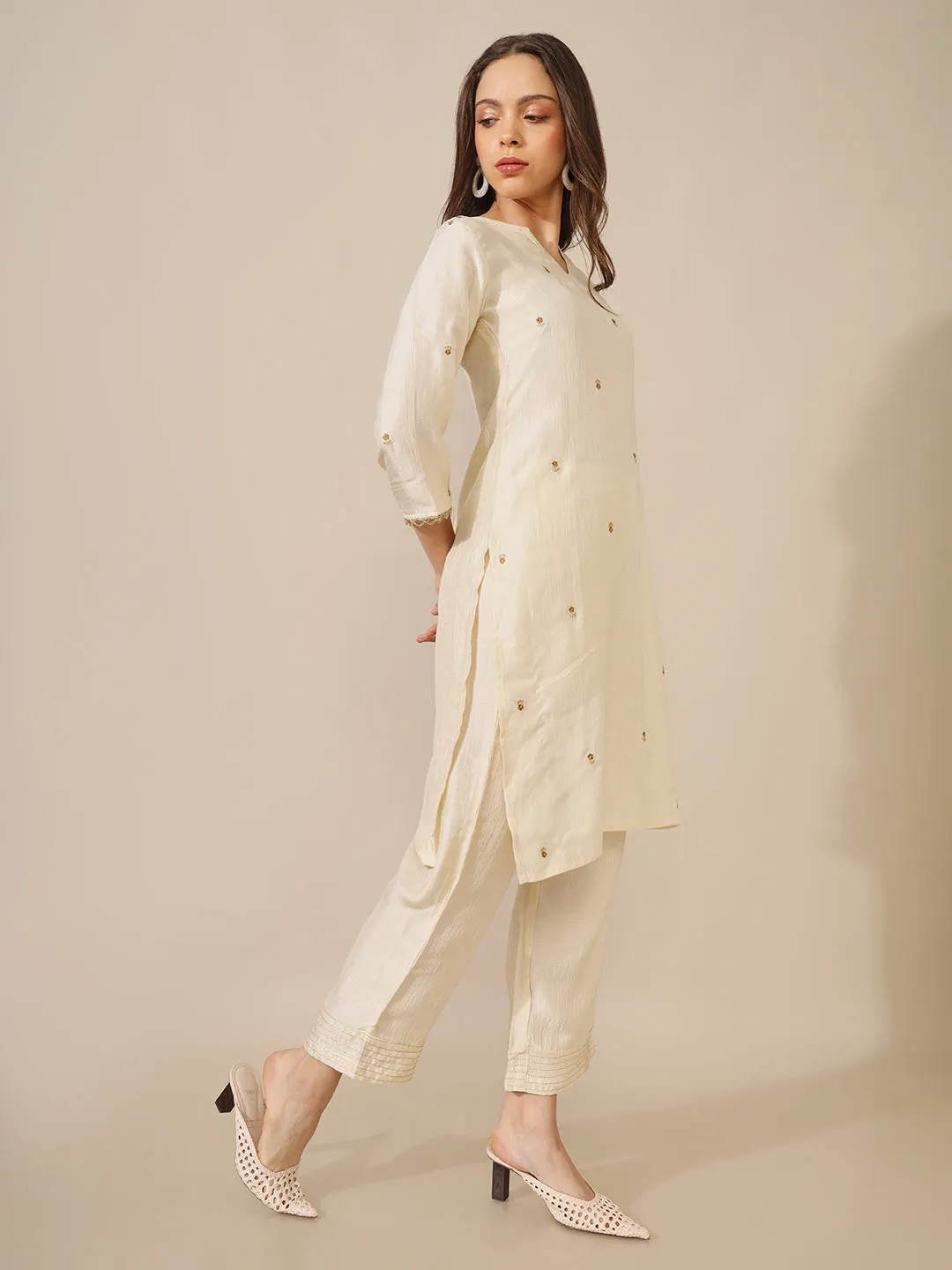 Raati Ecru Embroidered Straight Kurta and Pant Set