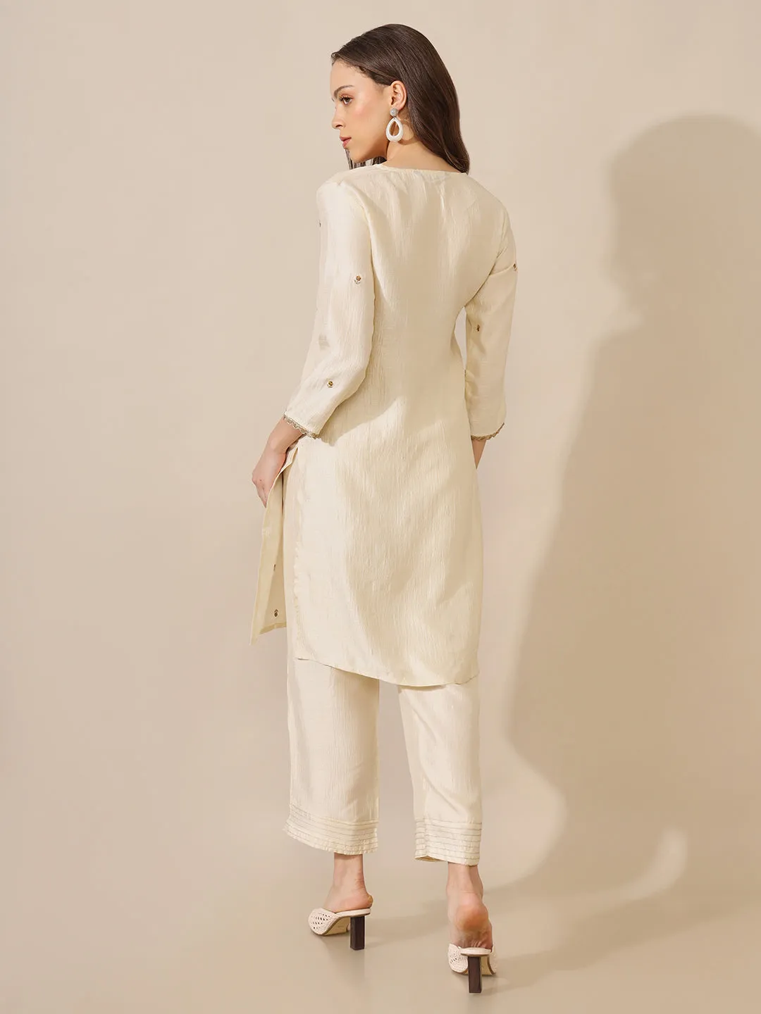 Raati Ecru Embroidered Straight Kurta and Pant Set