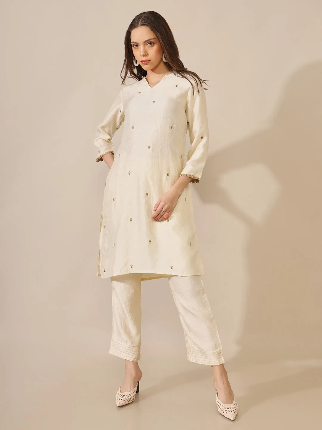 Raati Ecru Embroidered Straight Kurta and Pant Set