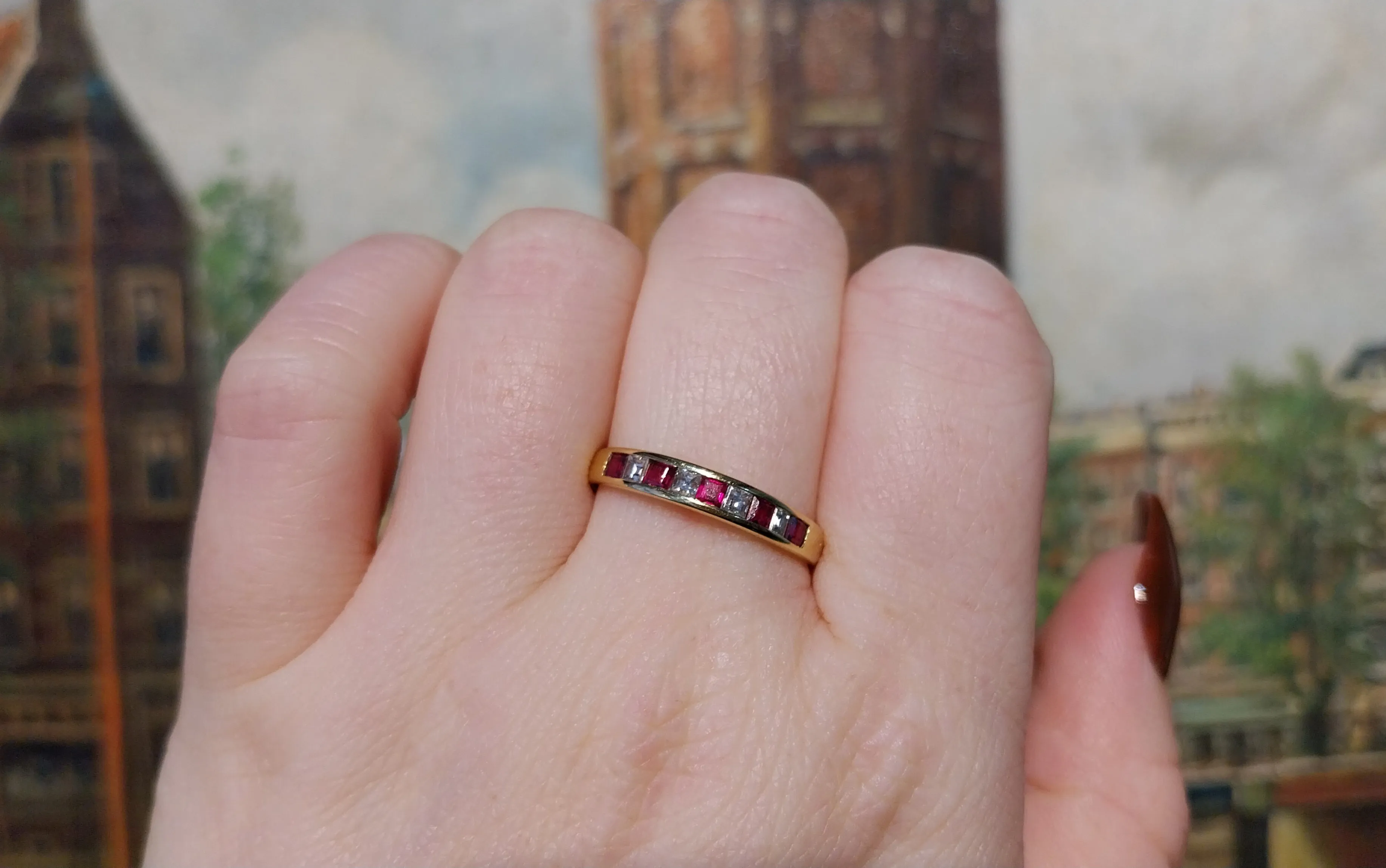 Ruby and princess cut diamond ring in 18 carat gold