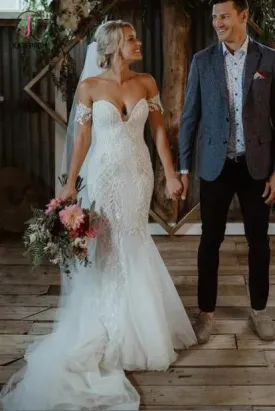Stunning Mermaid Tulle Bohemian Wedding Dresses Off the Shoulder Lace Beading Bridal Gowns KPW0321
